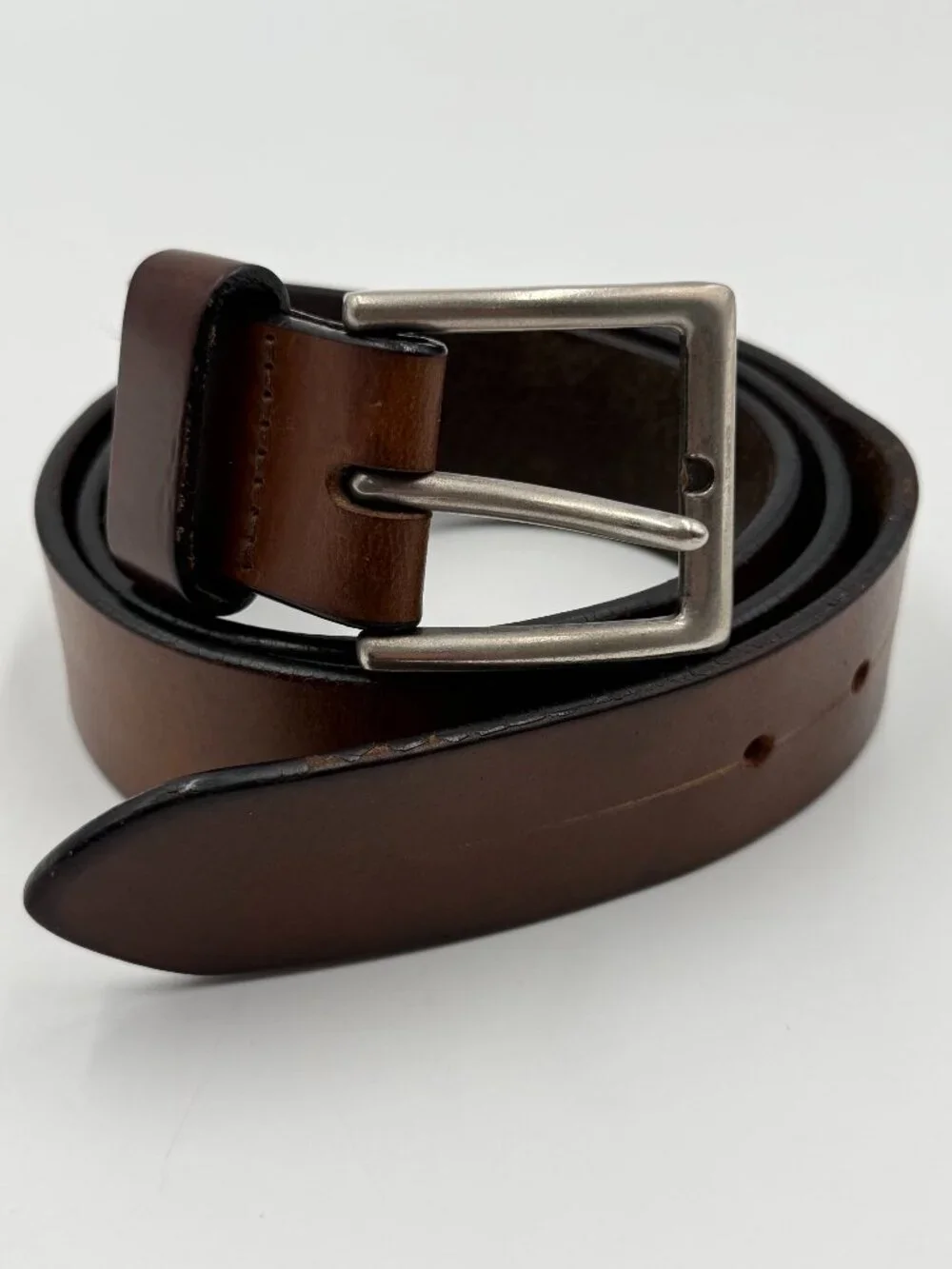 Bison Brown Leather Belt Size 38 Silver Buckle 1 3/8